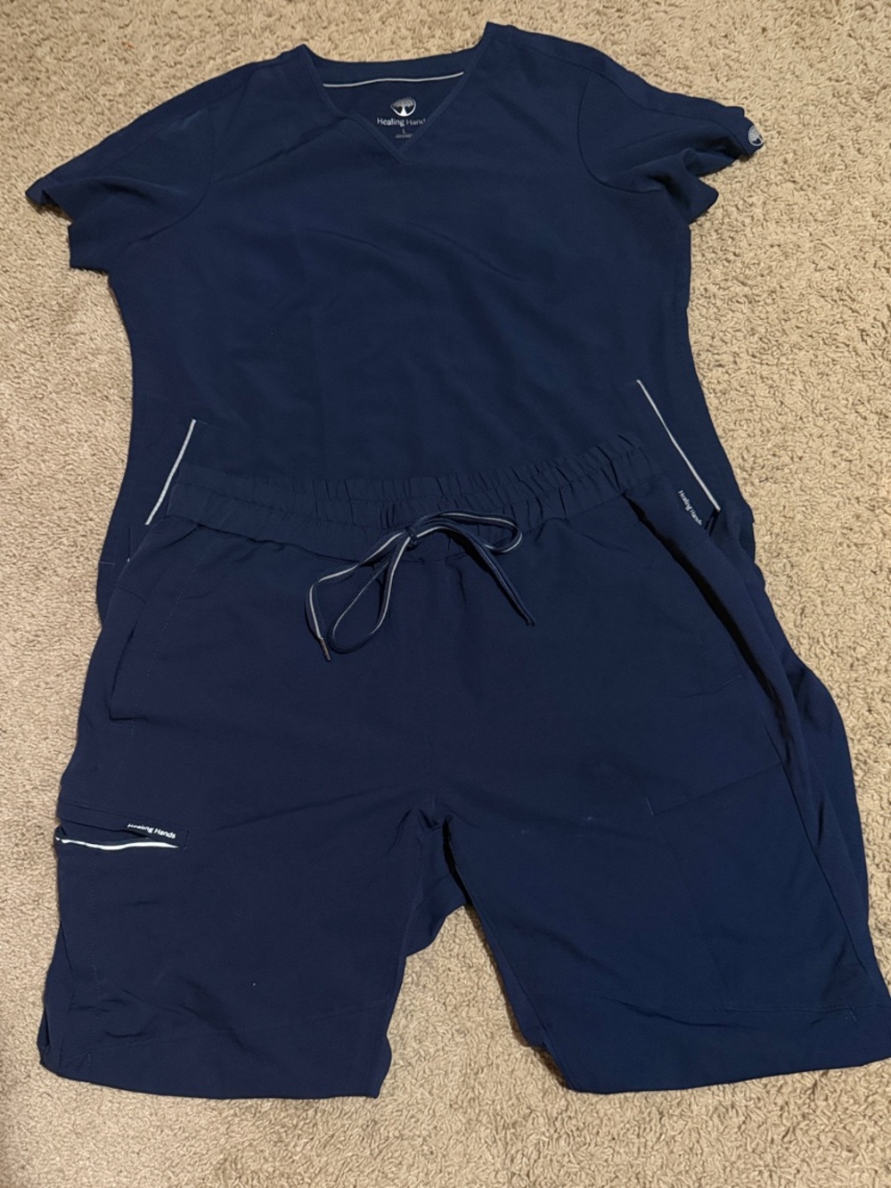 healing hands Navy Women Scrub set Drawstring  pants silver pockets